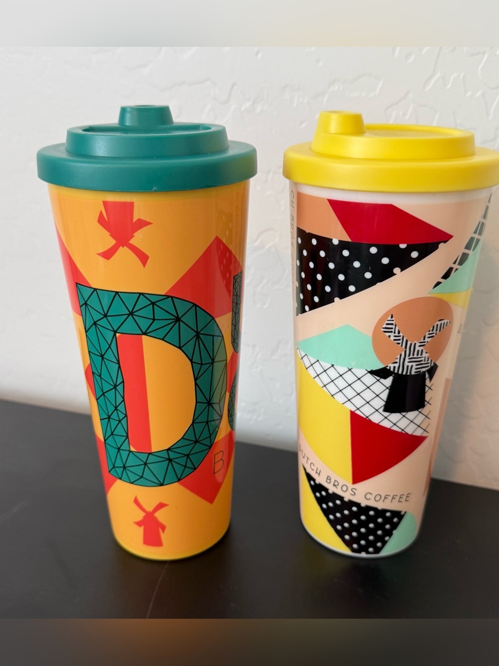 2 New Dutch Bros 24oz Tumblers Yellow Orange Geometric It’s All Good Plastic